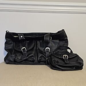 Black Leather Tote and Handbag Set